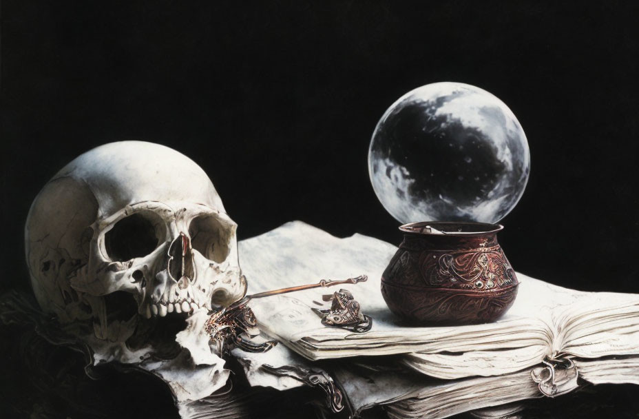 Still life with human skull, ornate pot, open book, quill, and moon sphere on