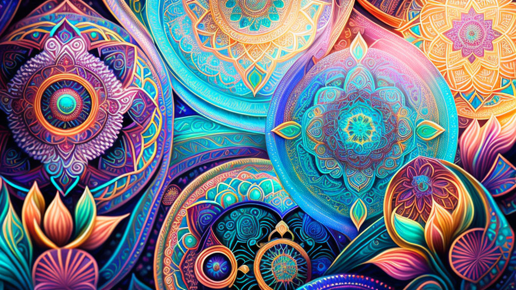 Colorful Mandala Patterns and Lotus Flowers in Psychedelic Design