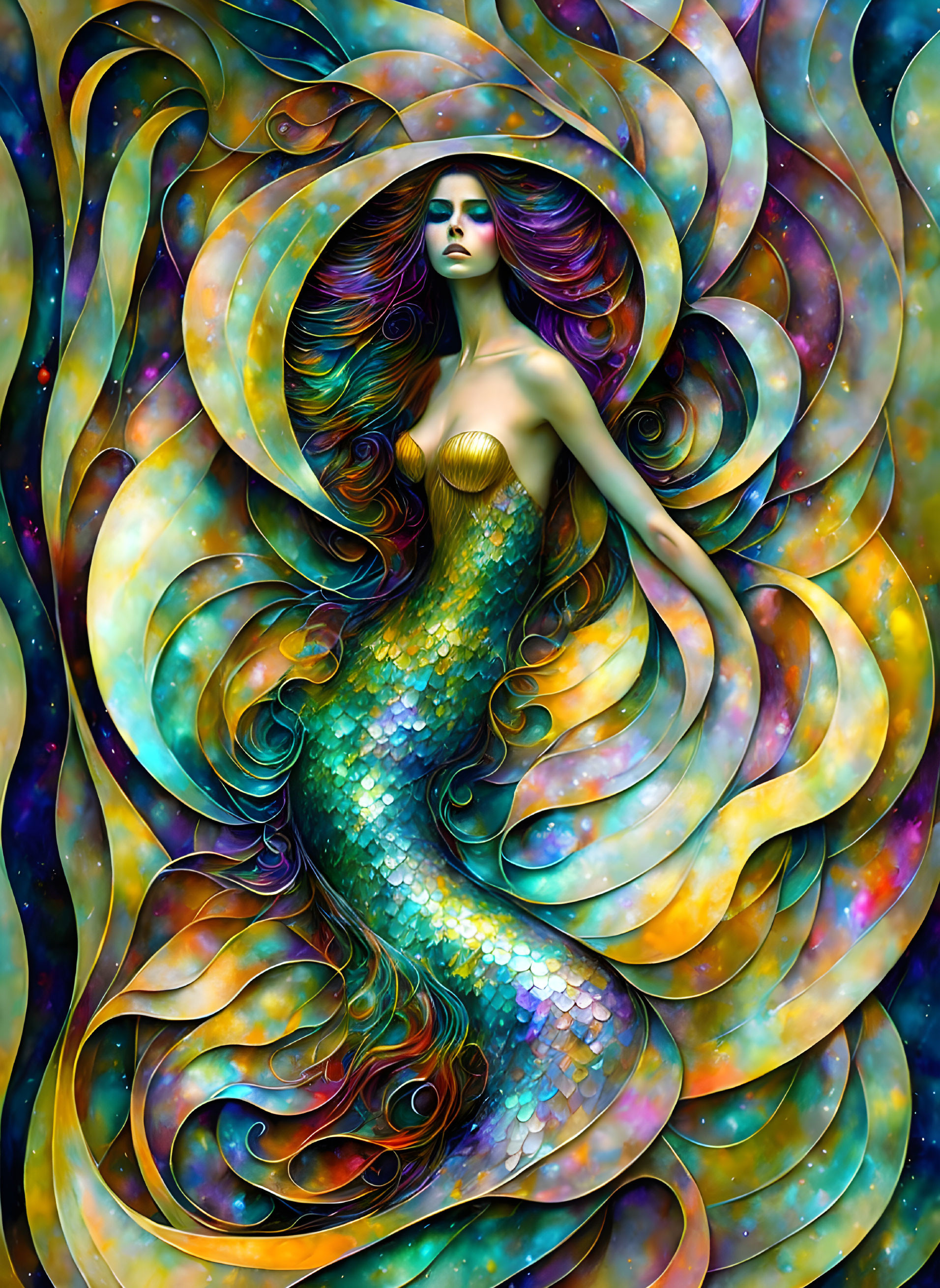 Vibrant Mermaid Illustration with Cosmic Background