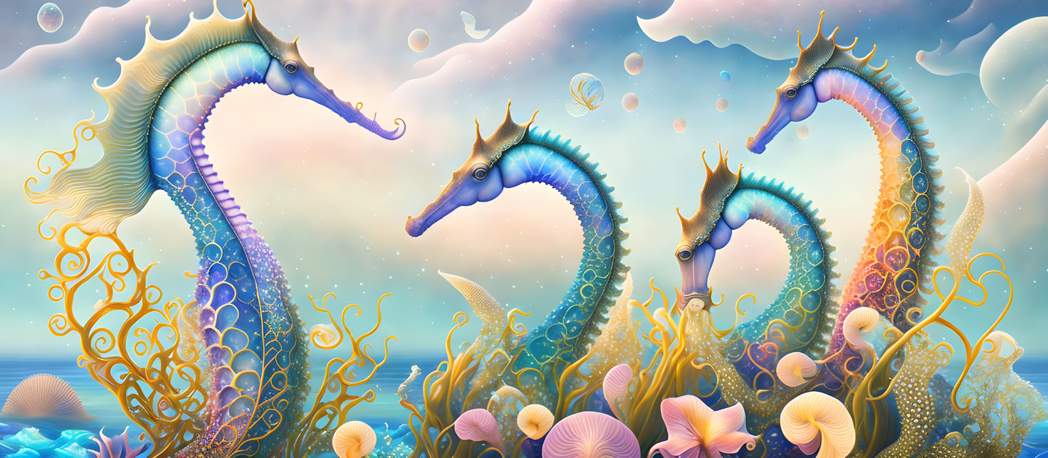 Vibrant underwater scene with colorful seahorses and coral