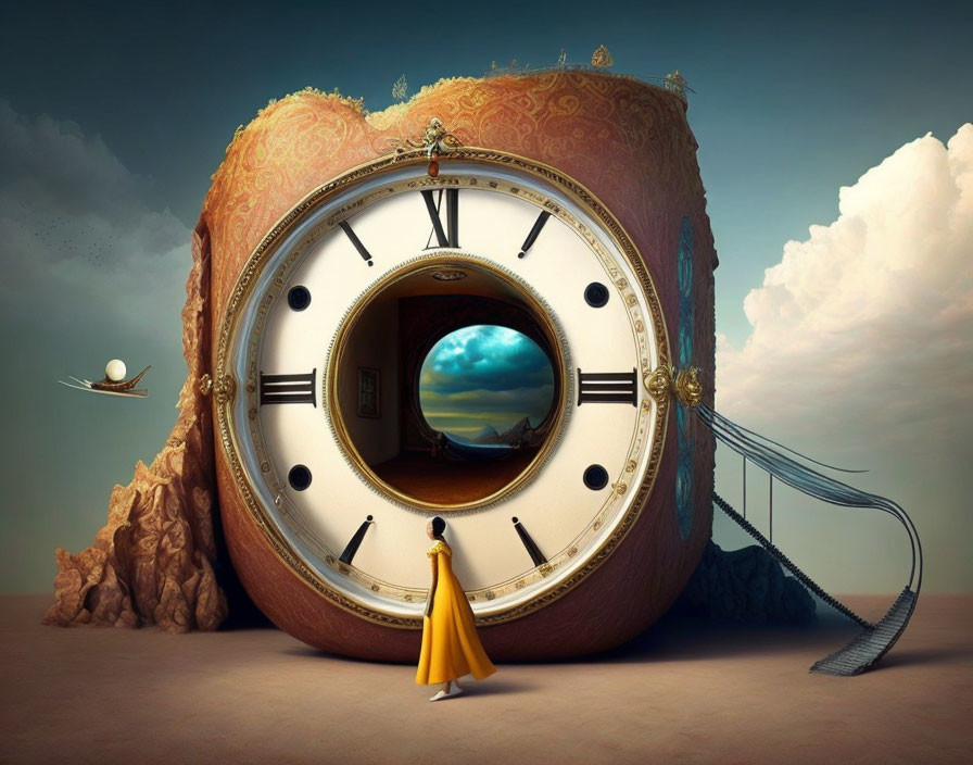 Surreal image: person in yellow dress with giant pocket watch door, seascape backdrop