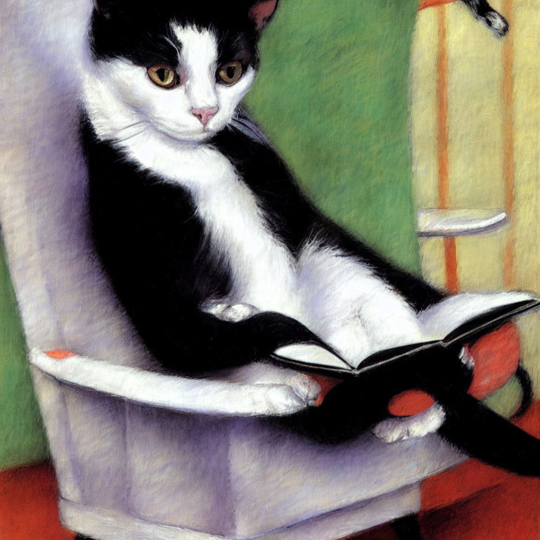 Black and white cat reading book on chair with colorful background