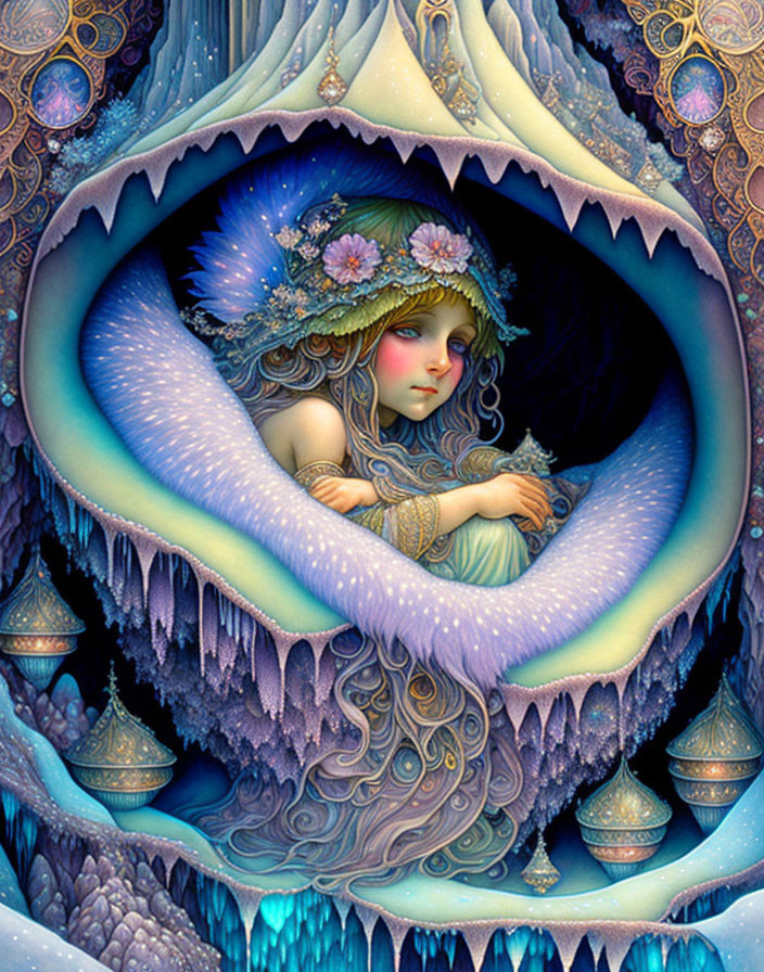 Fantasy illustration: Blue-haired girl with floral crown in circular organic cavern frame