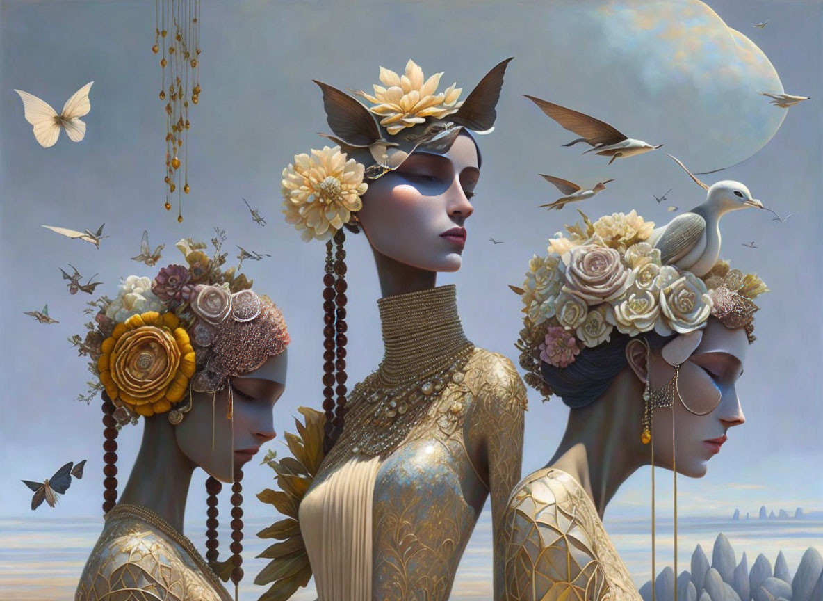 Artistic figures with floral headpieces and golden attire, surrounded by butterflies and a bird in surreal setting