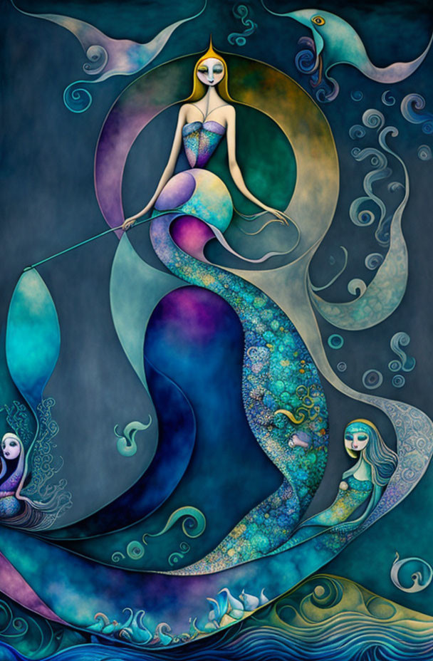 Vibrant mermaid illustration with flowing hair and underwater creatures