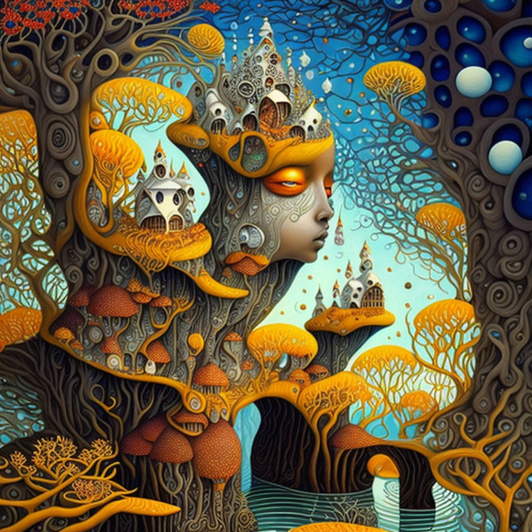 Surreal illustration of female figure with landscape hair and golden castles.