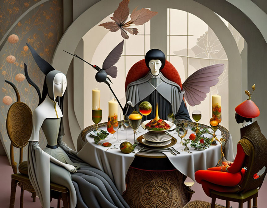 Stylized figures with butterfly wings at elegant table with candles and fruits