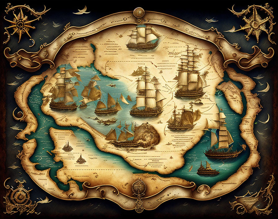 Detailed antique nautical map illustration with sailing ships, sea creatures, and compass roses.