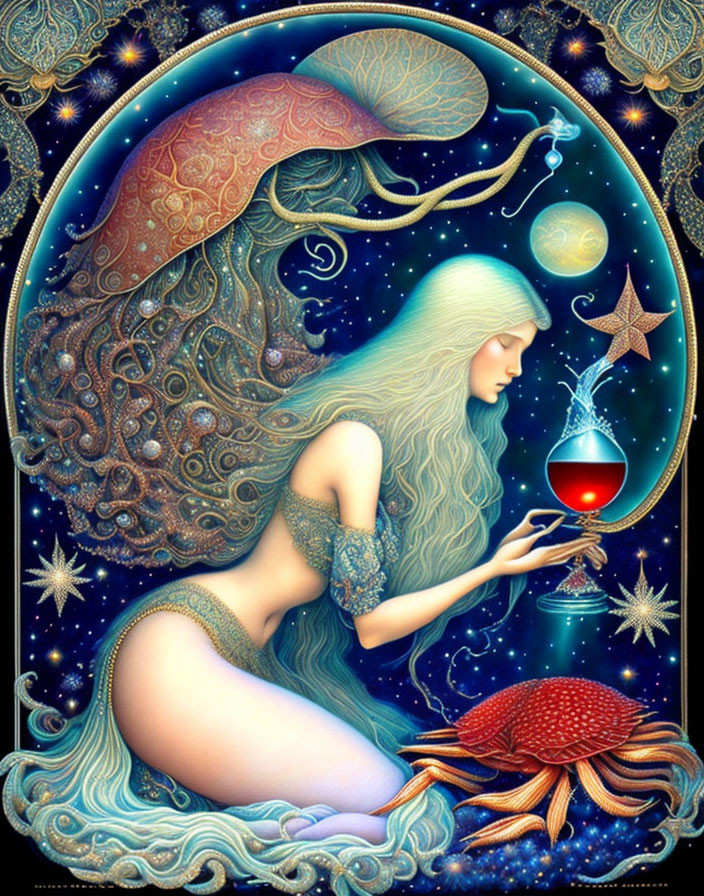 Mystical artwork: Woman with white hair holding chalice, sea creatures, stars, intricate patterns