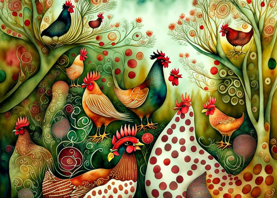 Vibrant chicken and rooster artwork with whimsical trees and red berries