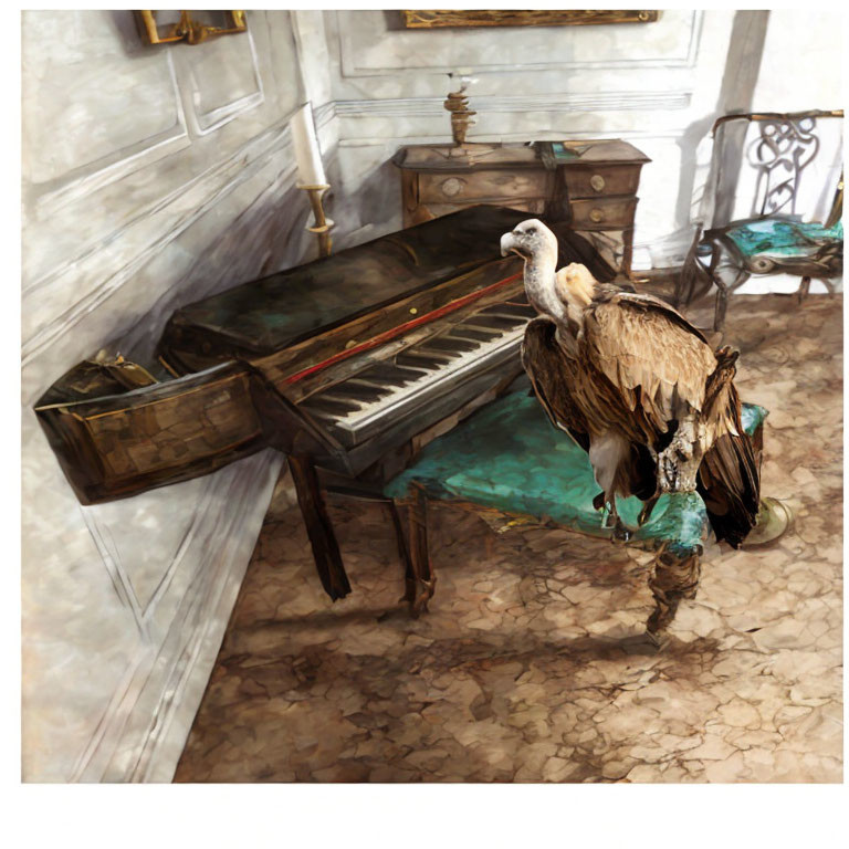 Vulture perched on dusty grand piano in neglected room