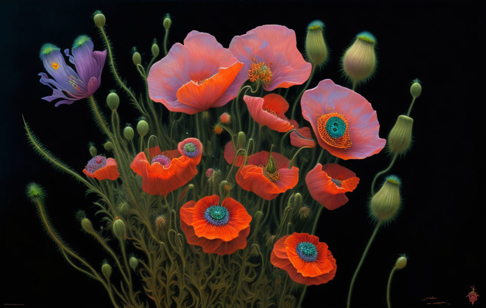 Vivid painting of poppy flowers in various stages