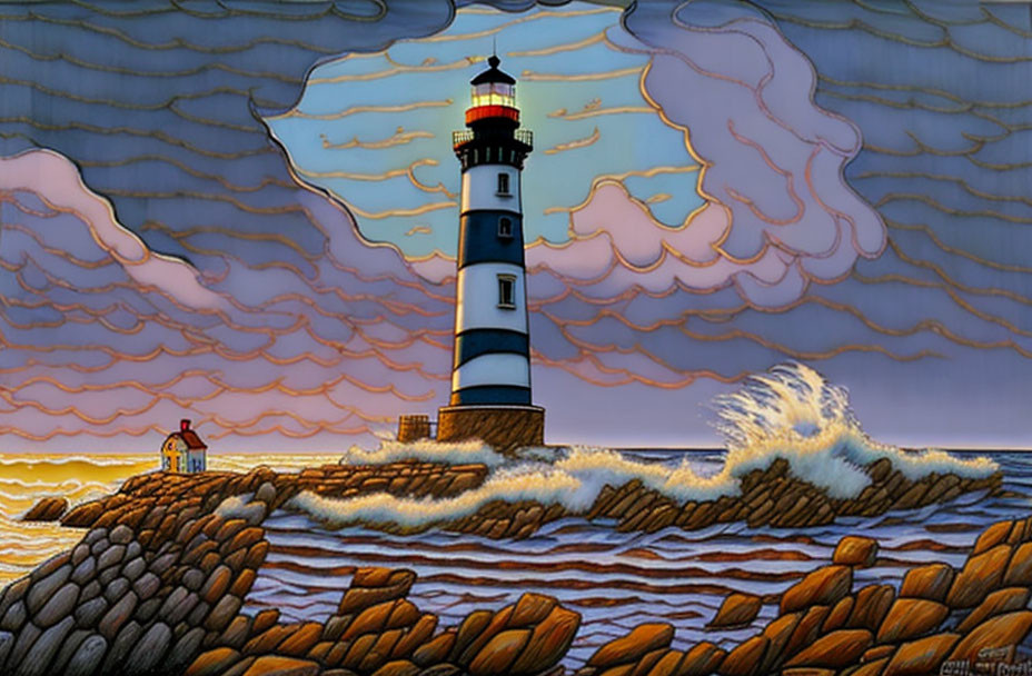 Surreal painting: Striped lighthouse, rocky shore, crashing waves, stylized sky.