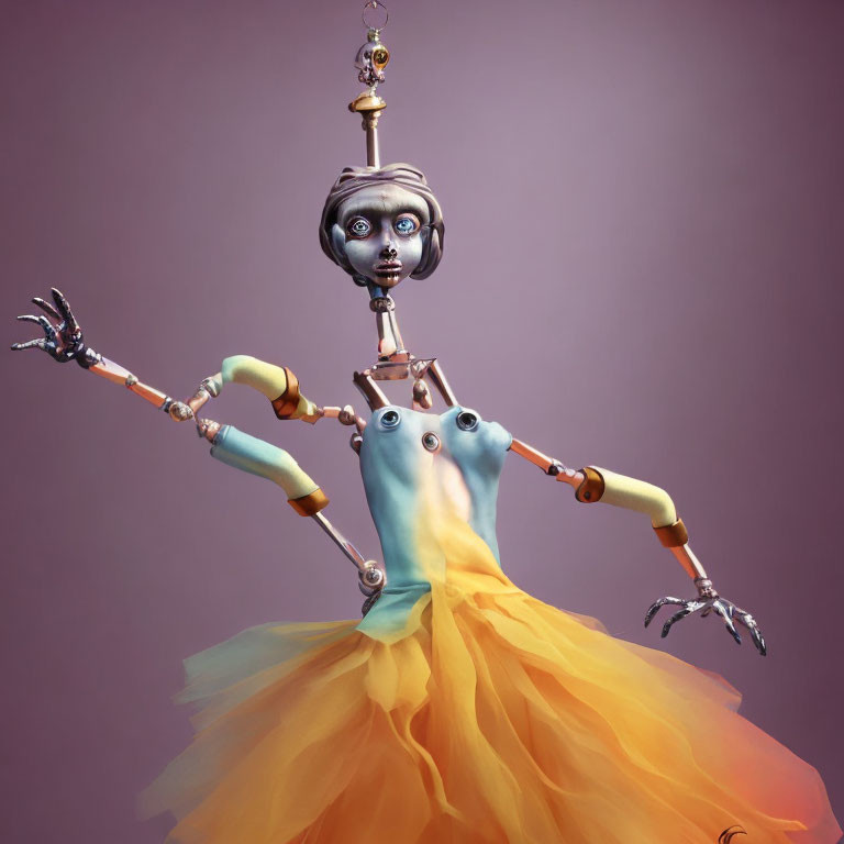 Surreal robotic figure with human-like face in yellow tutu on purple background