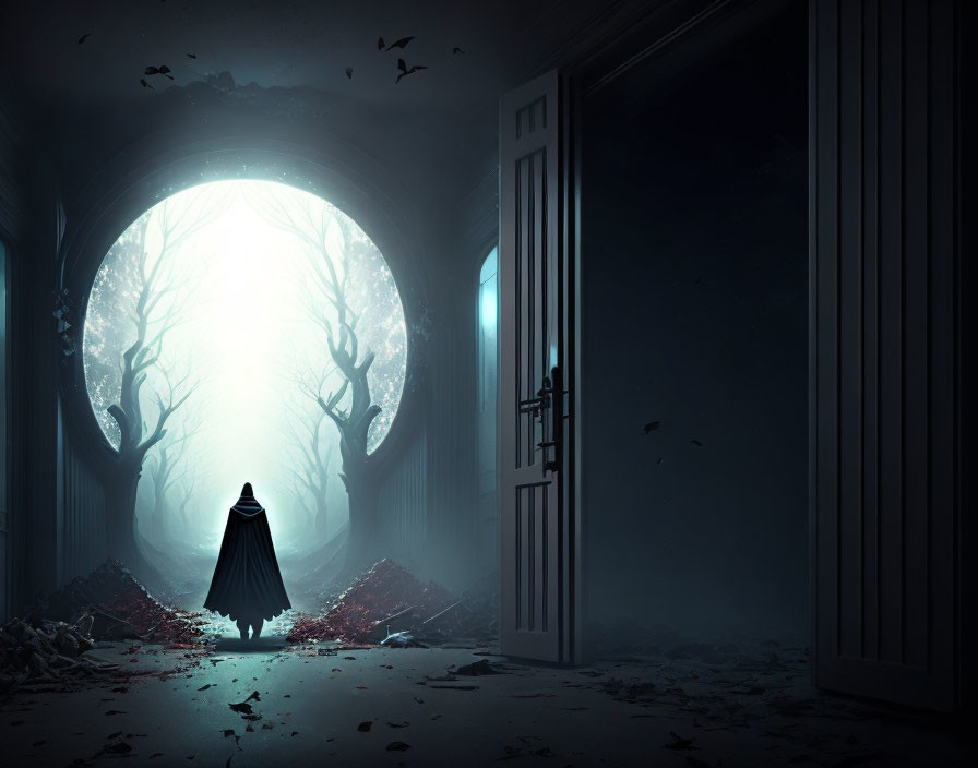 Mysterious cloaked figure near oval portal in misty setting with birds and abandoned room.