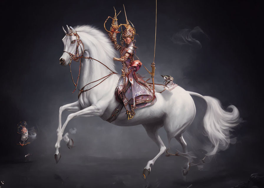 Armored warrior on white horse with golden details in misty setting