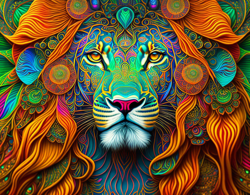 Colorful illustration of majestic lion with intricate patterns and swirls