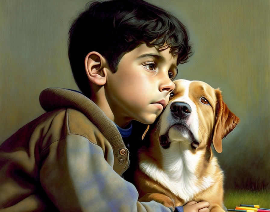 Dark-Haired Boy and Dog in Tan Jacket: Calm Gaze and Upward Look