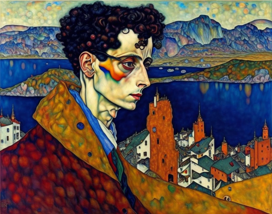 Vibrant surreal painting of young man with curly hair and colorful town background