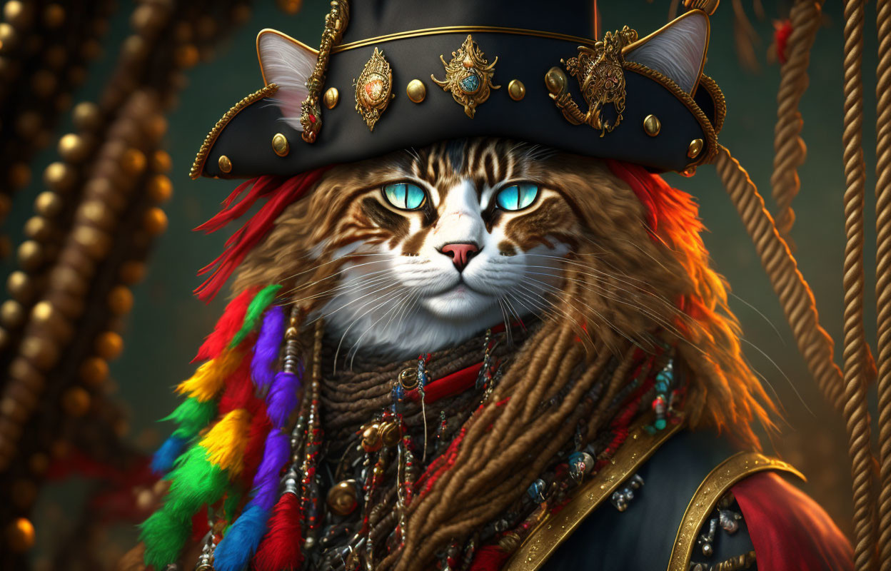 Digital Artwork: Cat Pirate with Blue Eyes & Ornate Accessories