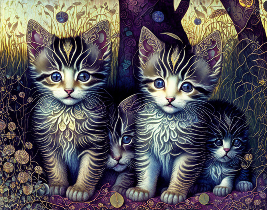 Stylized kittens with expressive eyes in fantastical flora and butterfly motifs