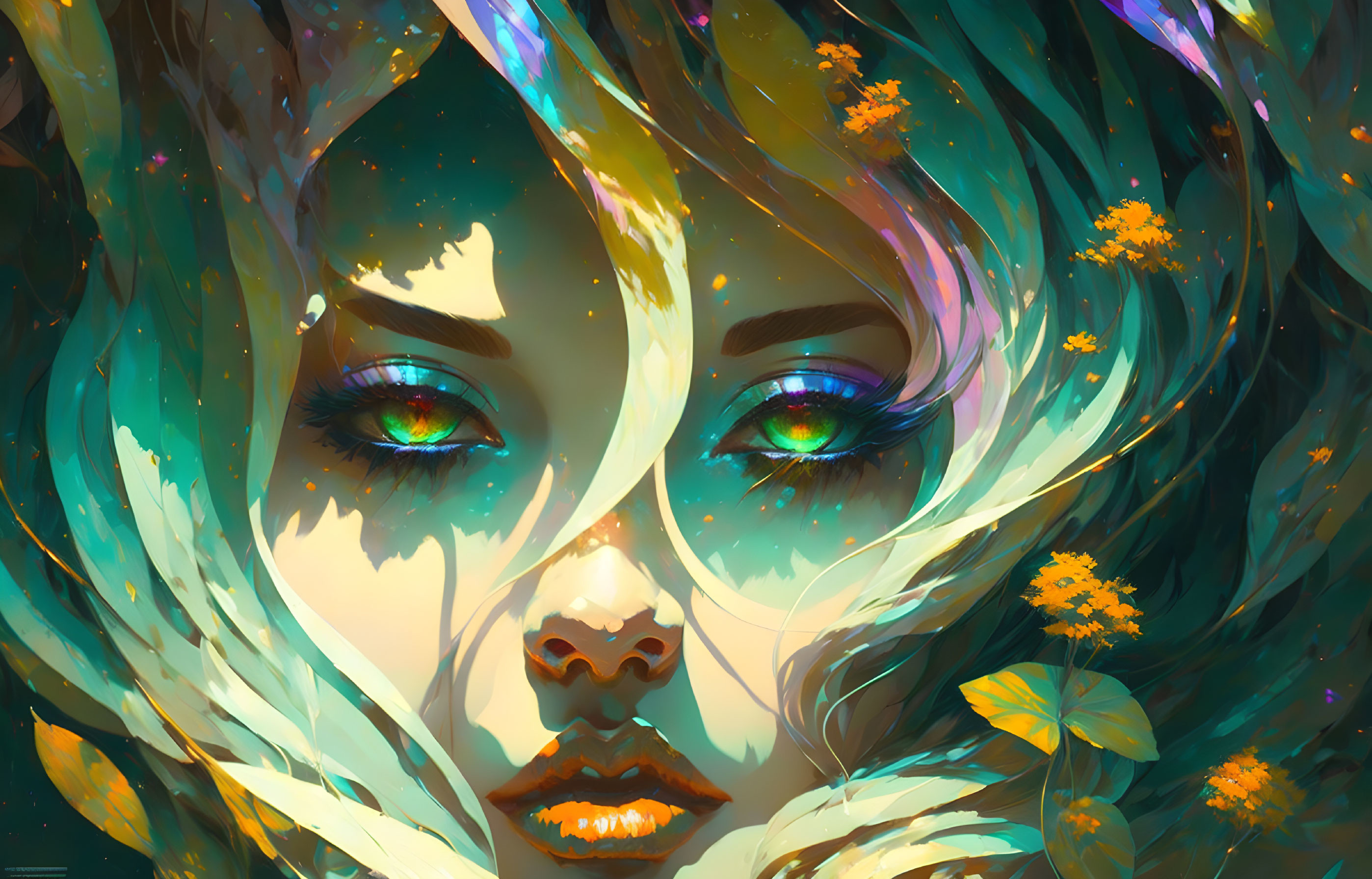 Colorful digital artwork: Woman's face with vibrant eyes and floral hair swirls