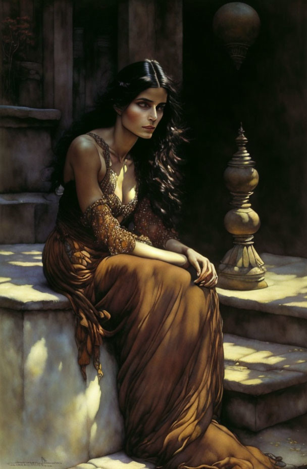 Regal woman in golden dress on stone steps