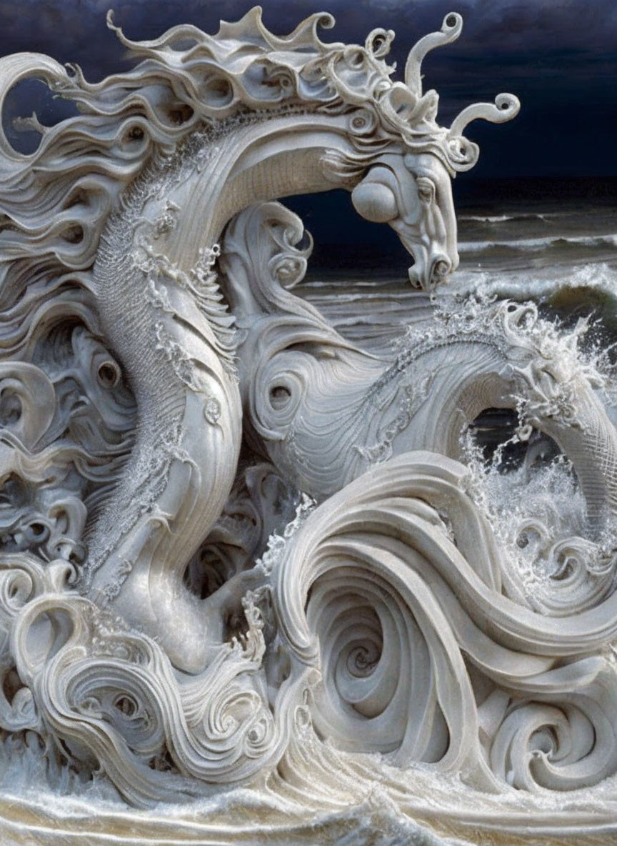 Sculpture of two horses merging with ocean waves under stormy sky