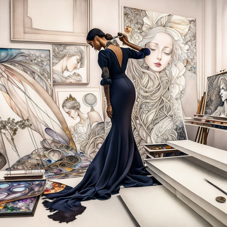 Woman in navy blue gown admires artwork in art studio with paintbrushes.