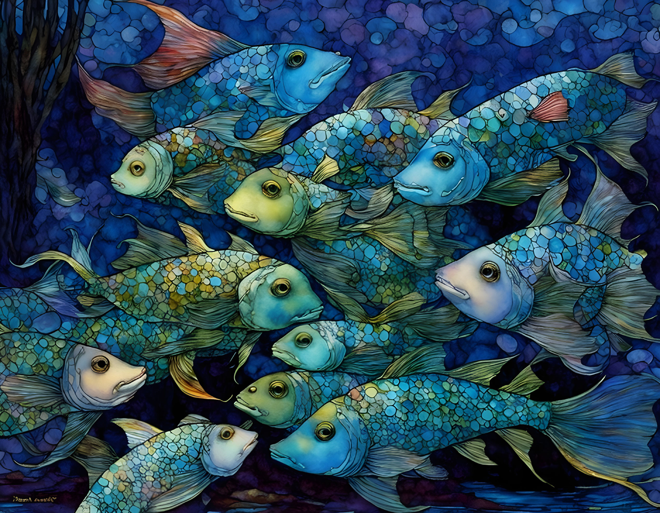 Colorful Fish School Swimming in Deep Blue Background