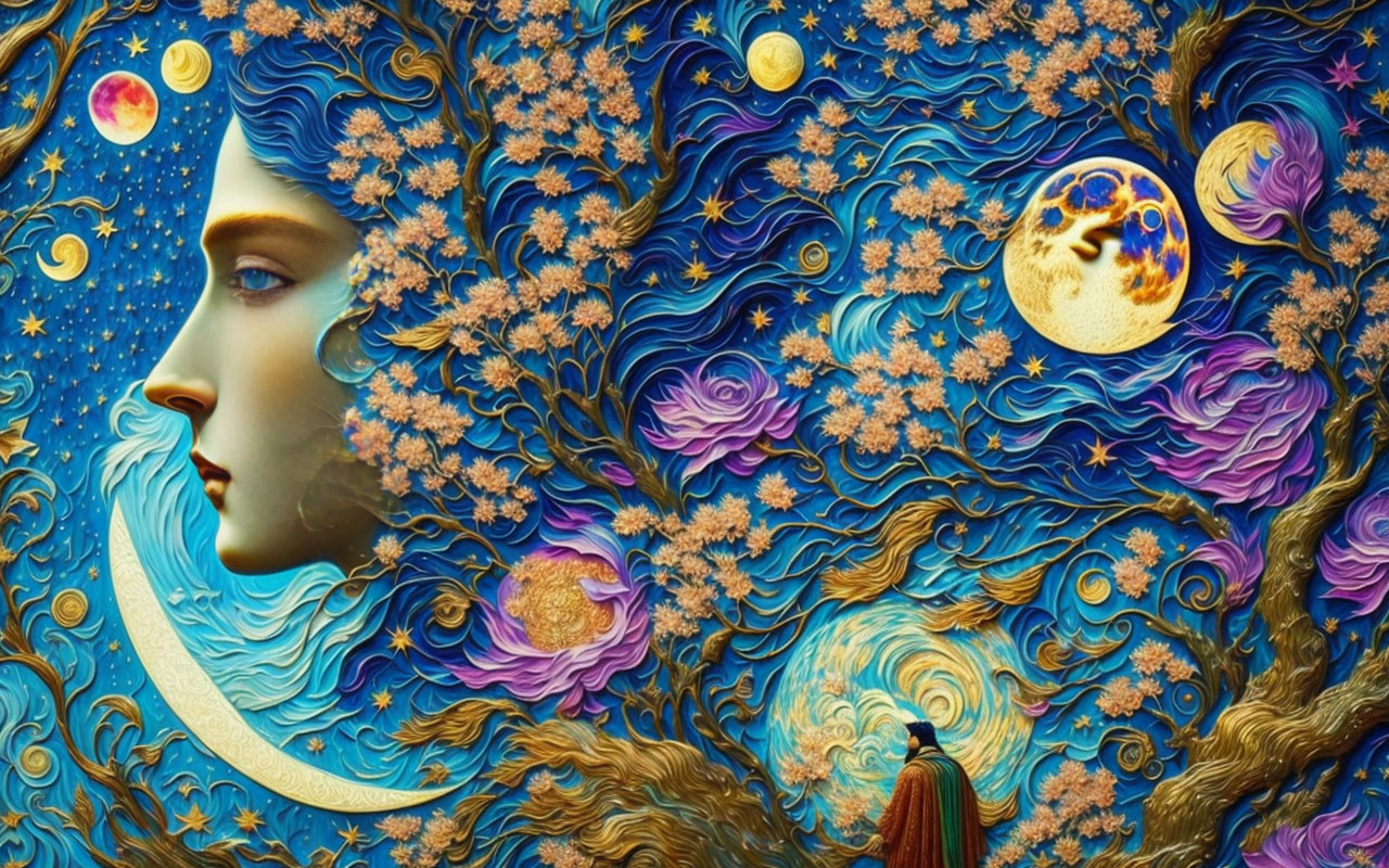 Surreal artwork blending woman's profile with cosmic scene