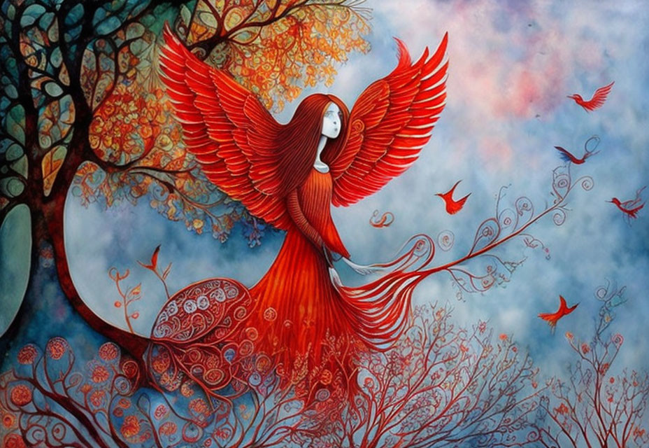 Whimsical illustration of woman with red wings flying in dreamy landscape