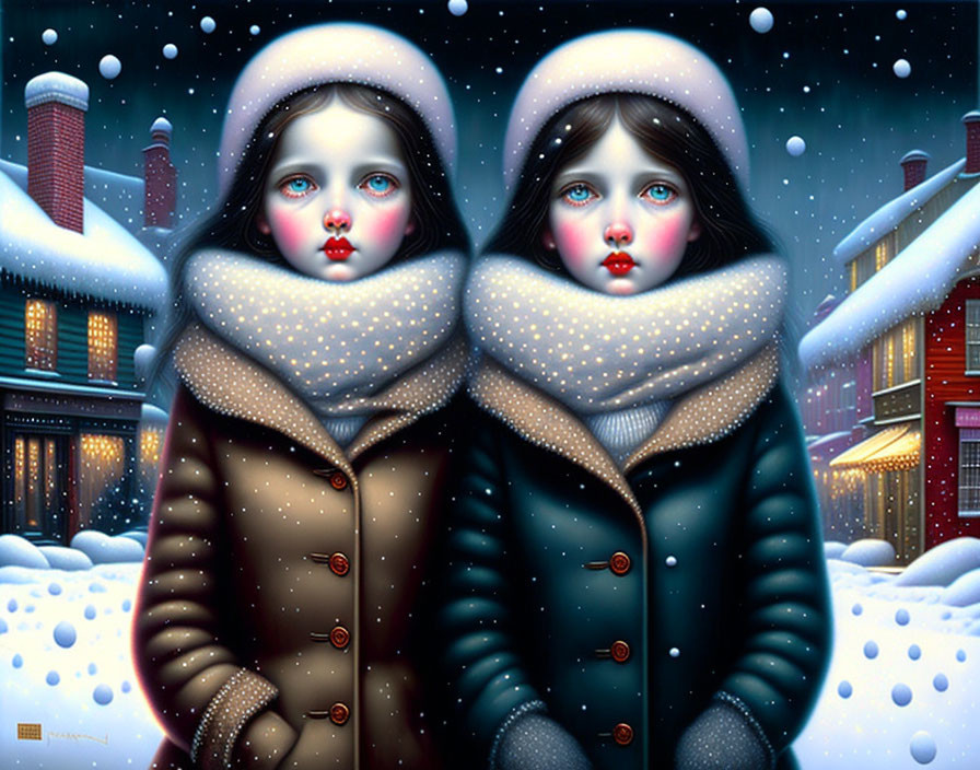 Stylized girls in winter coats and scarves against snowy backdrop