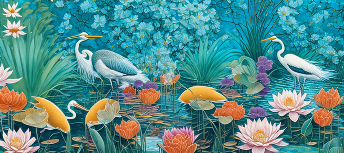 Colorful Herons in Lotus Flower and Hydrangea Scene