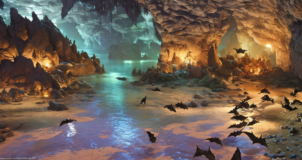 Mystical subterranean cave with blue waterway and bats