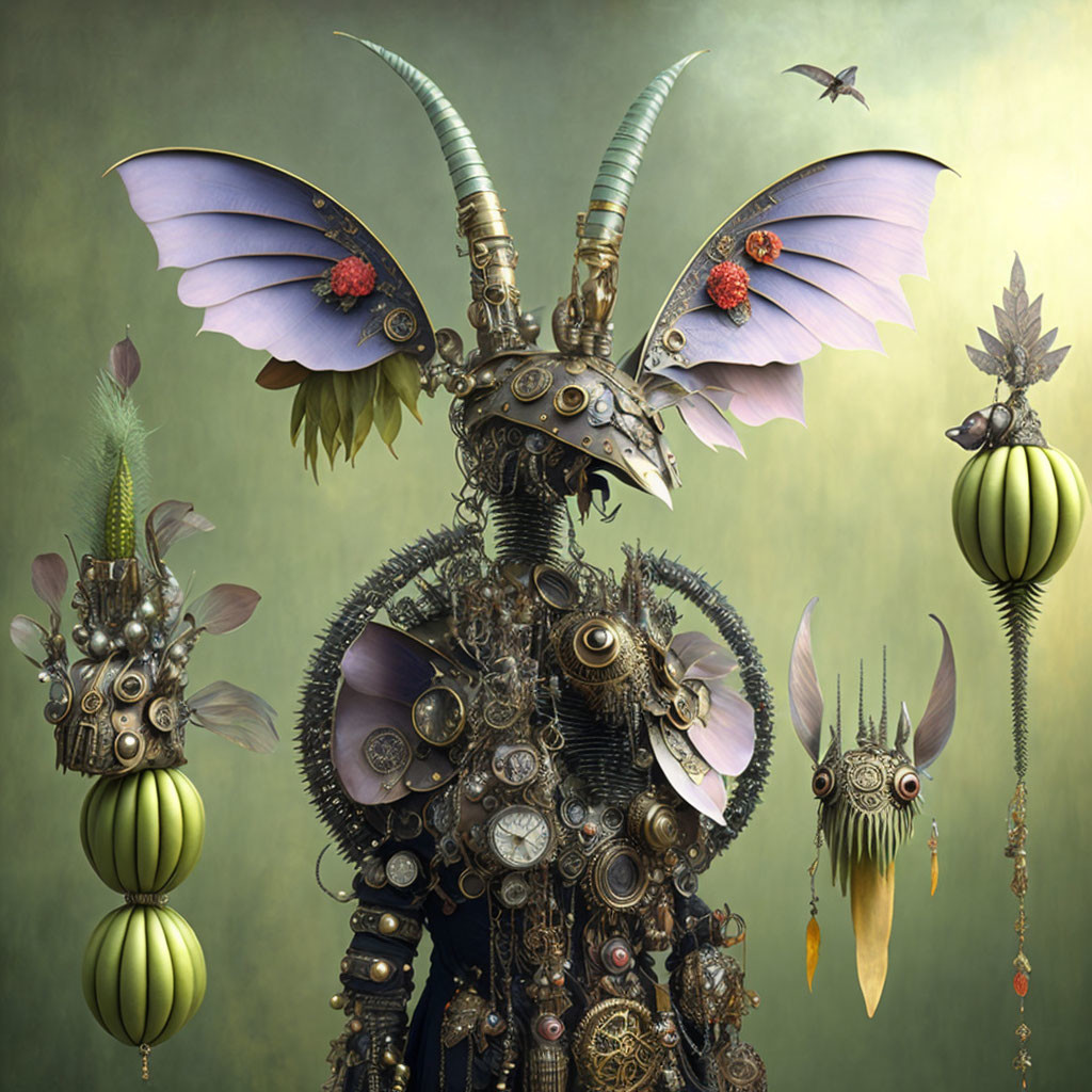 Mechanical figure with insect-like wings and beetle-like helmet in surreal digital art