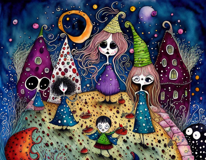 Fantasy-themed illustration with whimsical figures and mushroom houses