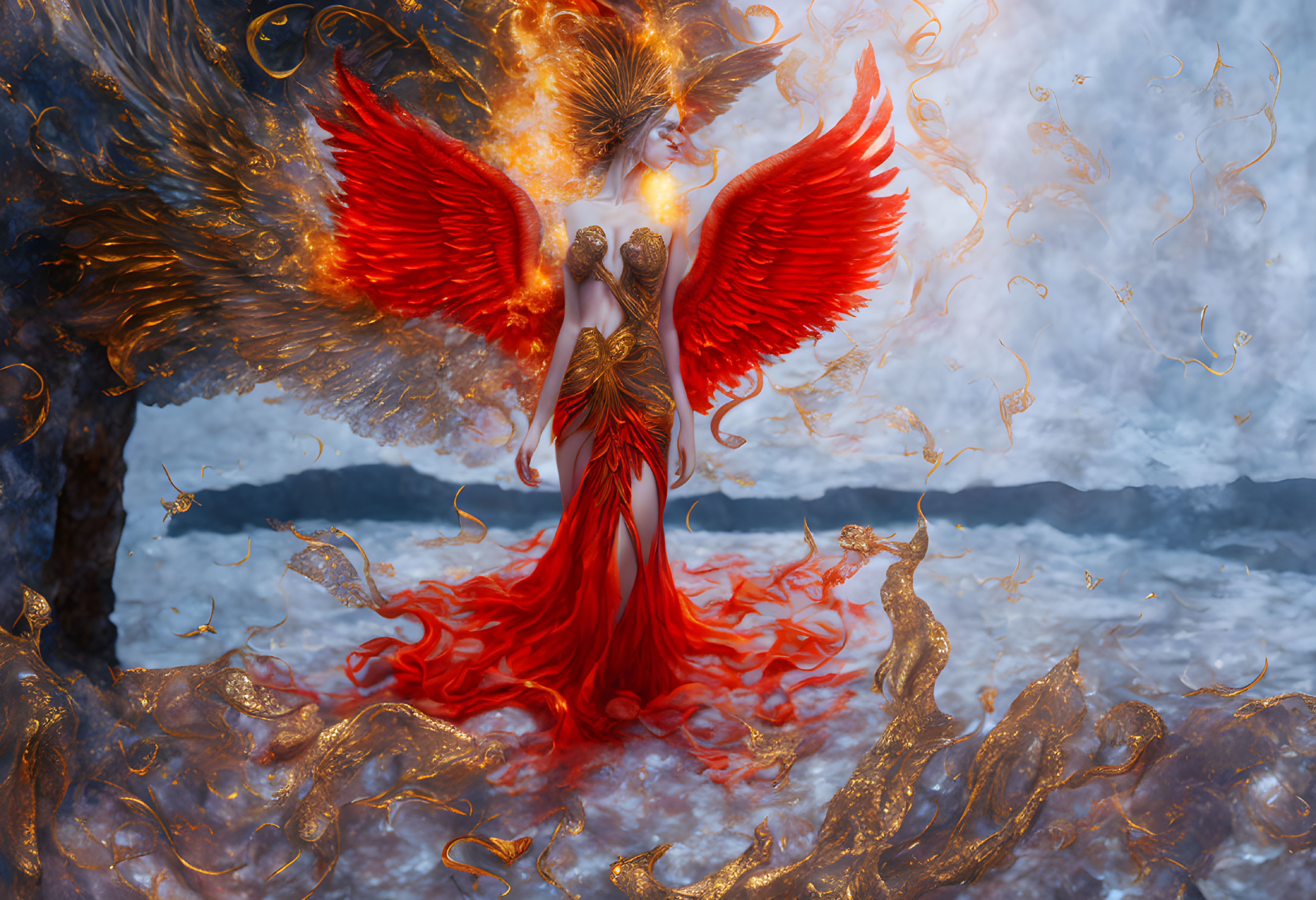 Figure in flowing red gown with fiery wings in mystical landscape.