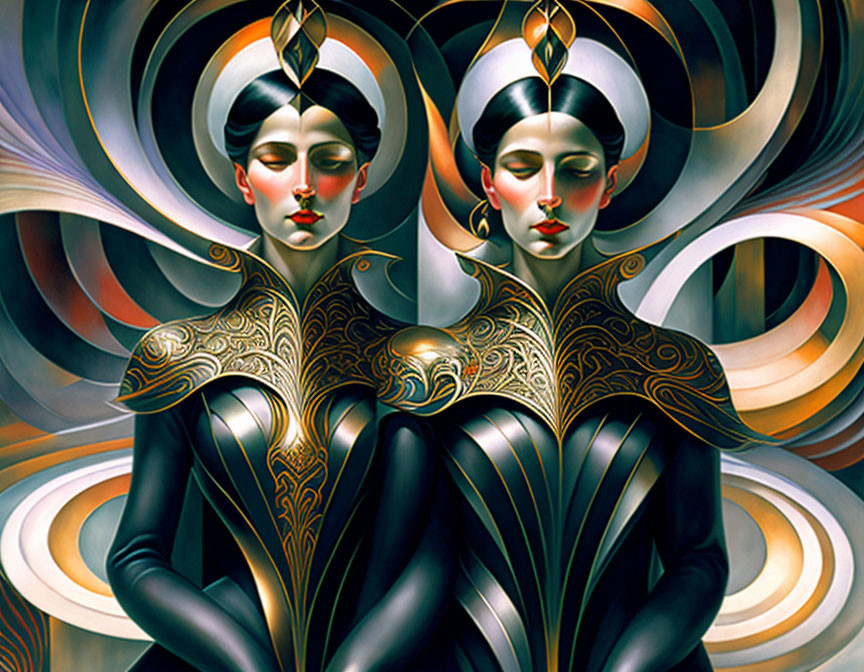 Stylized female figures in ornate garments on swirling background