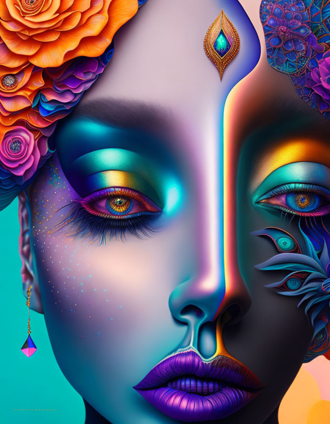 Colorful Symmetrical Faces with Floral Elements in Digital Art