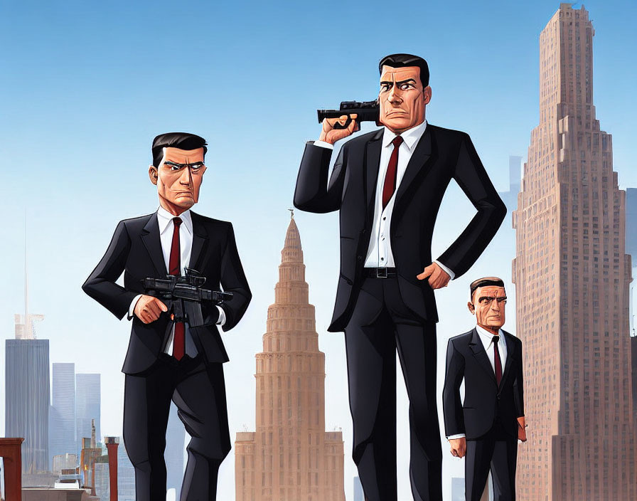 Three Men in Suits with Weapons on Rooftop Overlooking City