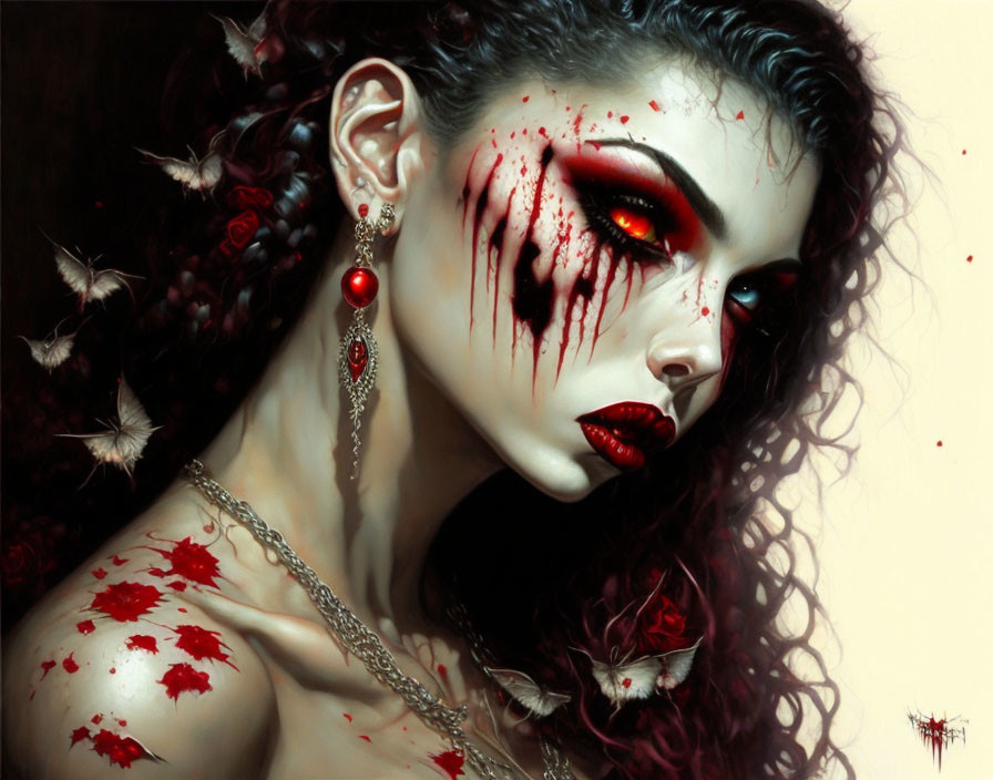 Gothic vampiric woman with blood-red eyes and dark curly hair.