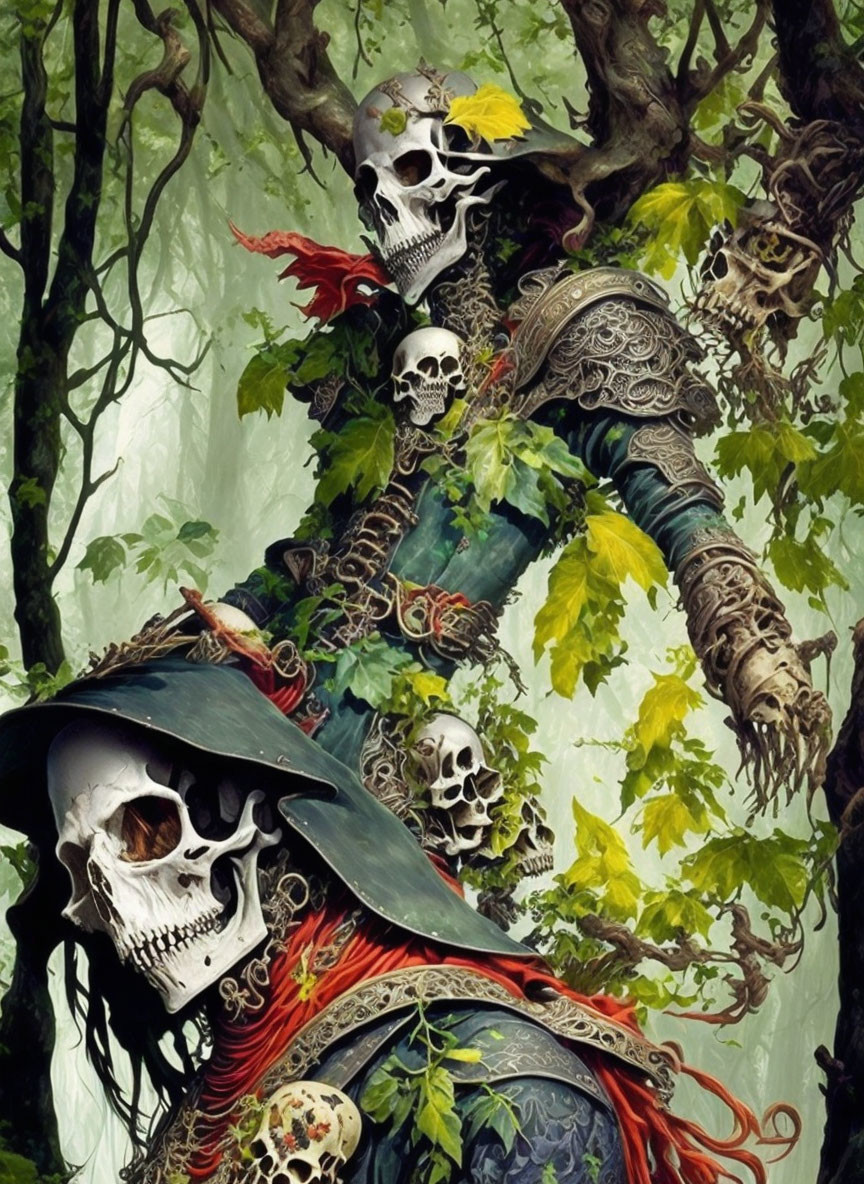 Skeleton warrior with multiple skulls in feathered armor amidst eerie forest.