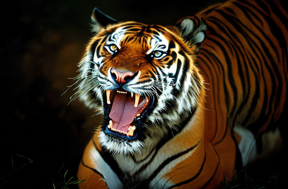 Roaring Tiger with Sharp Teeth on Dark Background