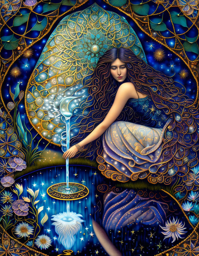 Illustrated woman with glowing staff by water in mystical blue setting