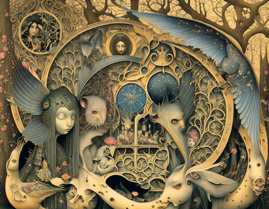 Intricately Designed Fantasy Artwork with Human, Animal, and Mechanical Motifs