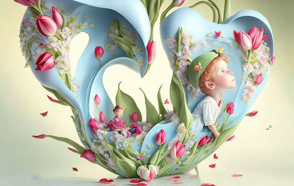 Whimsical heart-shaped frame with child, tulips, and fairies in magical setting