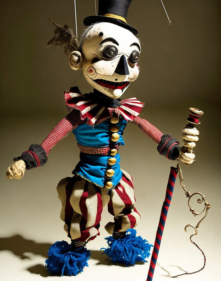 Colorful marionette puppet with clown-like appearance, striped costume, blue buttons, top hat,