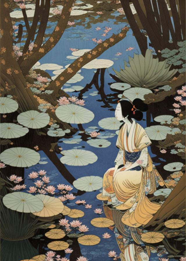 Traditional Japanese Woman in Kimono by Lily Pond & Cherry Blossoms