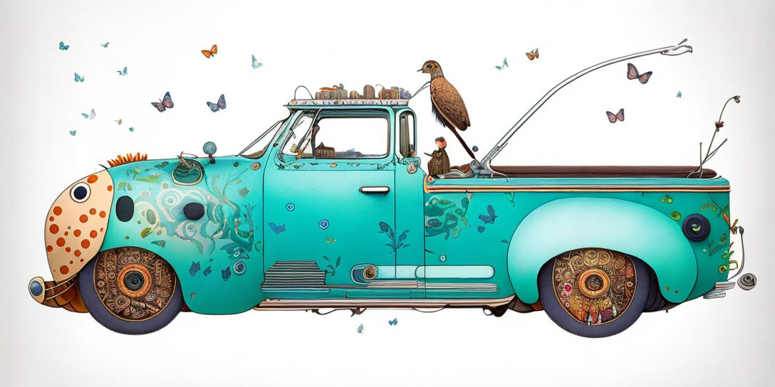 Colorful Turquoise Pickup Truck with Floral and Aquatic Designs